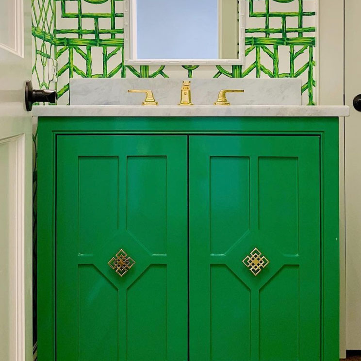 Powder Room Transformation - Green Vanity with Geometric Hardware ...