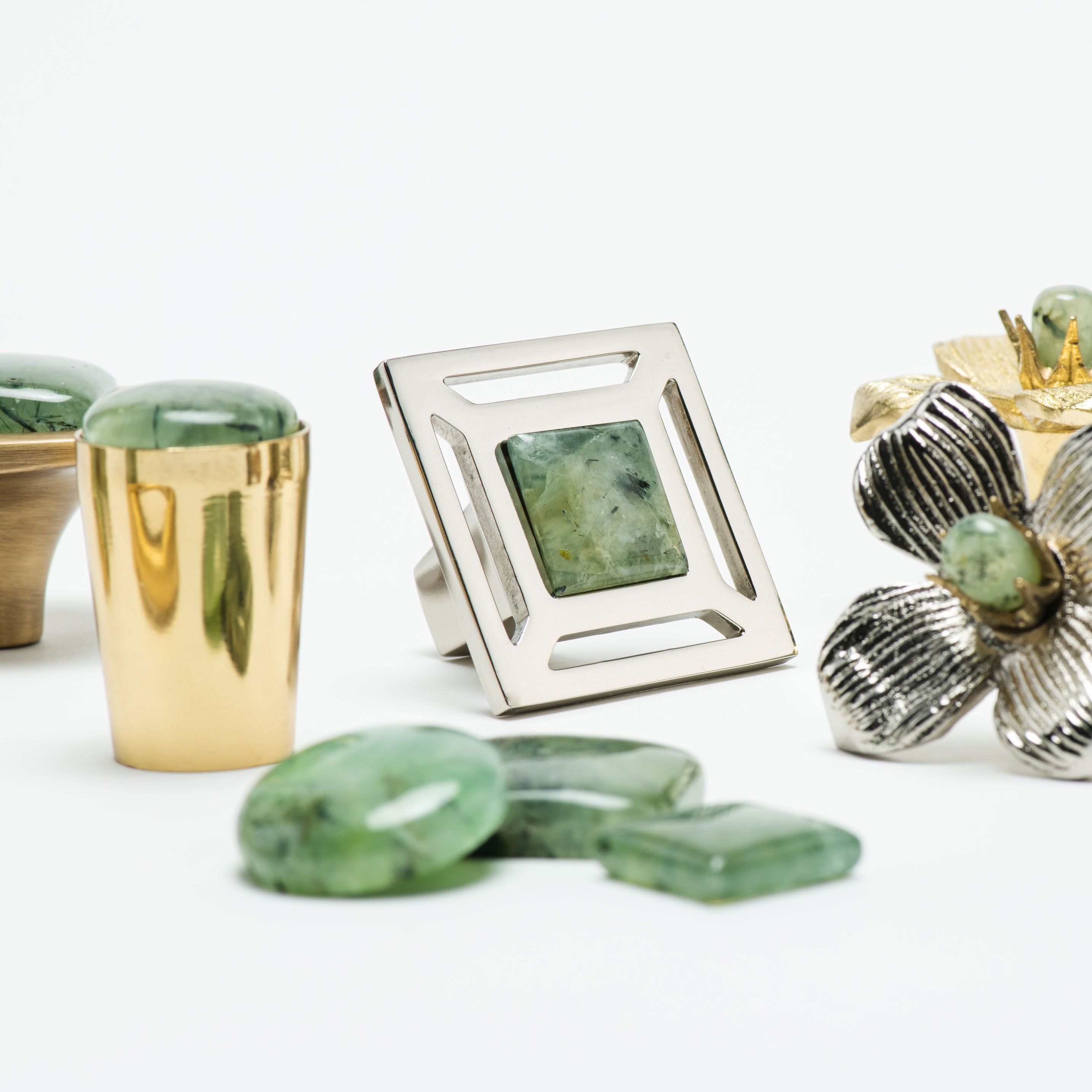 Prehnite Gemstones with Modern Matter Customizable Solid Brass Hardware. Soft green prehnite featured with polished brass and polished nickel hardware