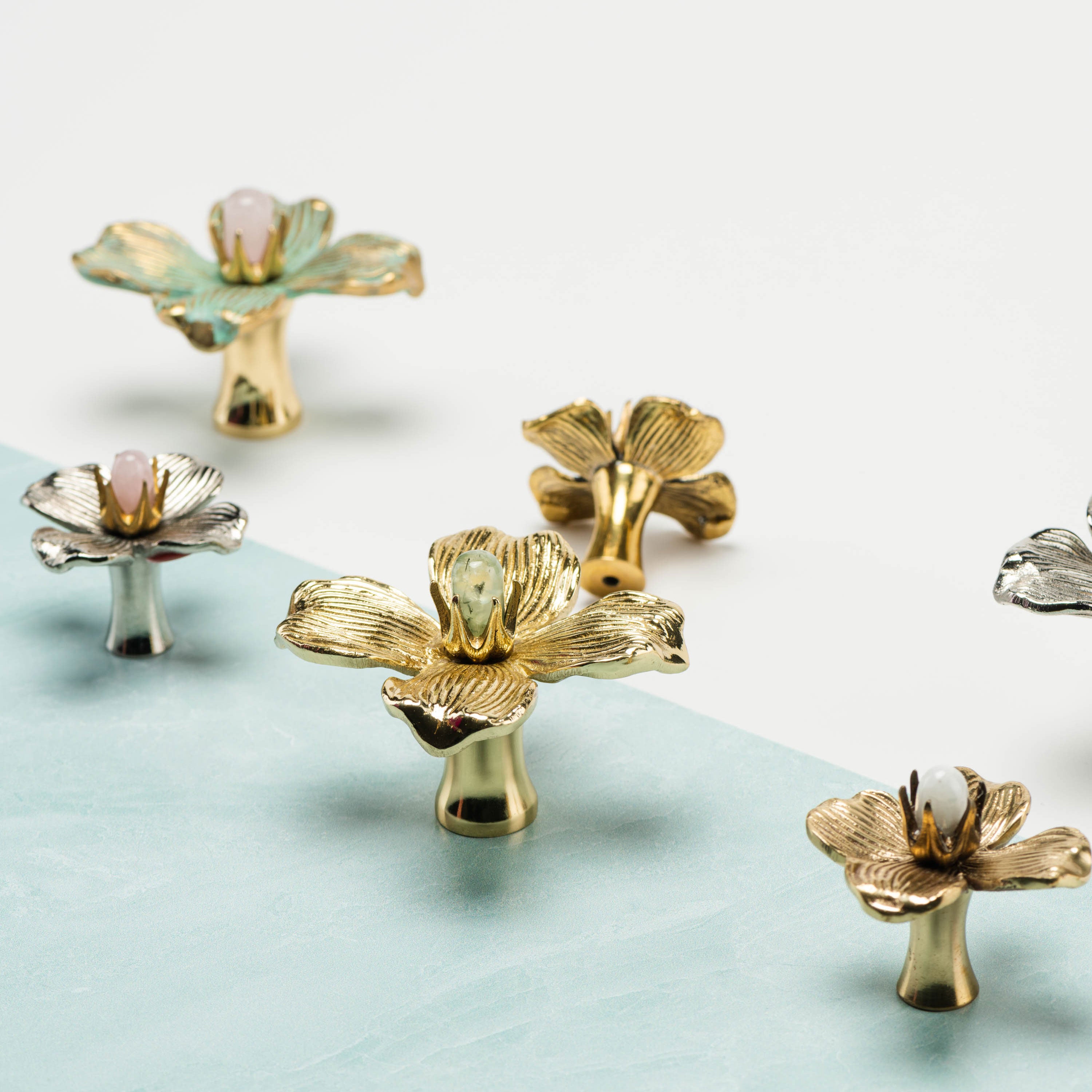Dogwood Flower Knobs in Brass with Gemstones