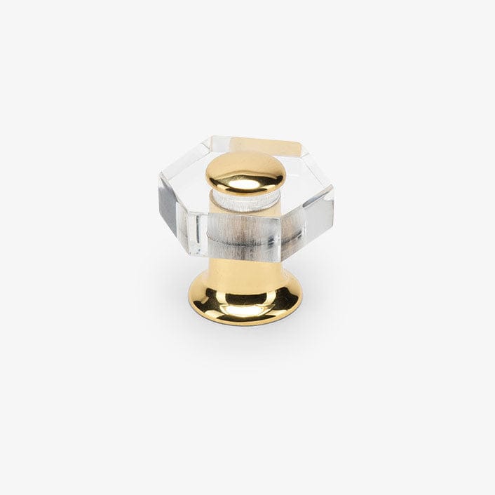 Clear acrylic and gold cabinet knob on a white background