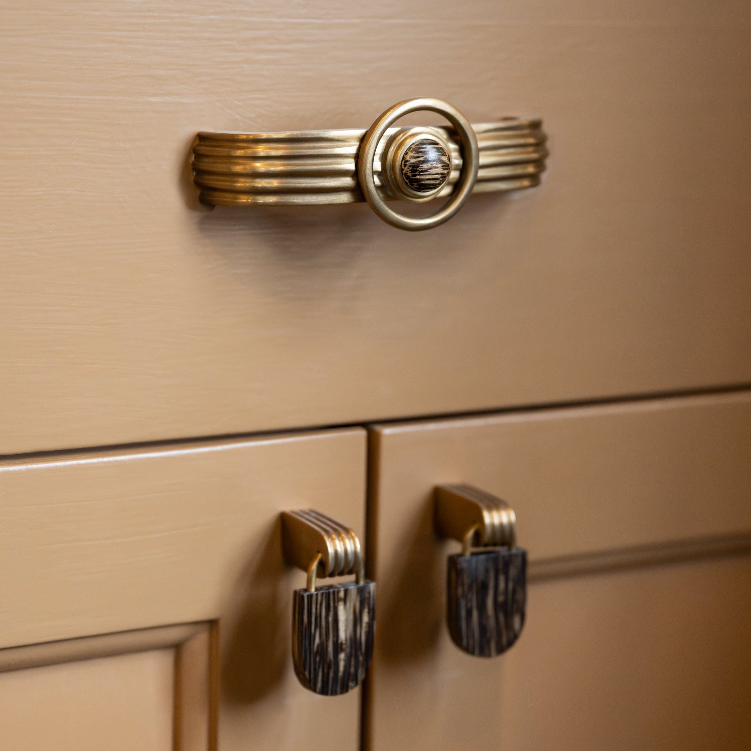 Florence Wood Pull (4" c-c) - Burnished Brass - Betel Nut