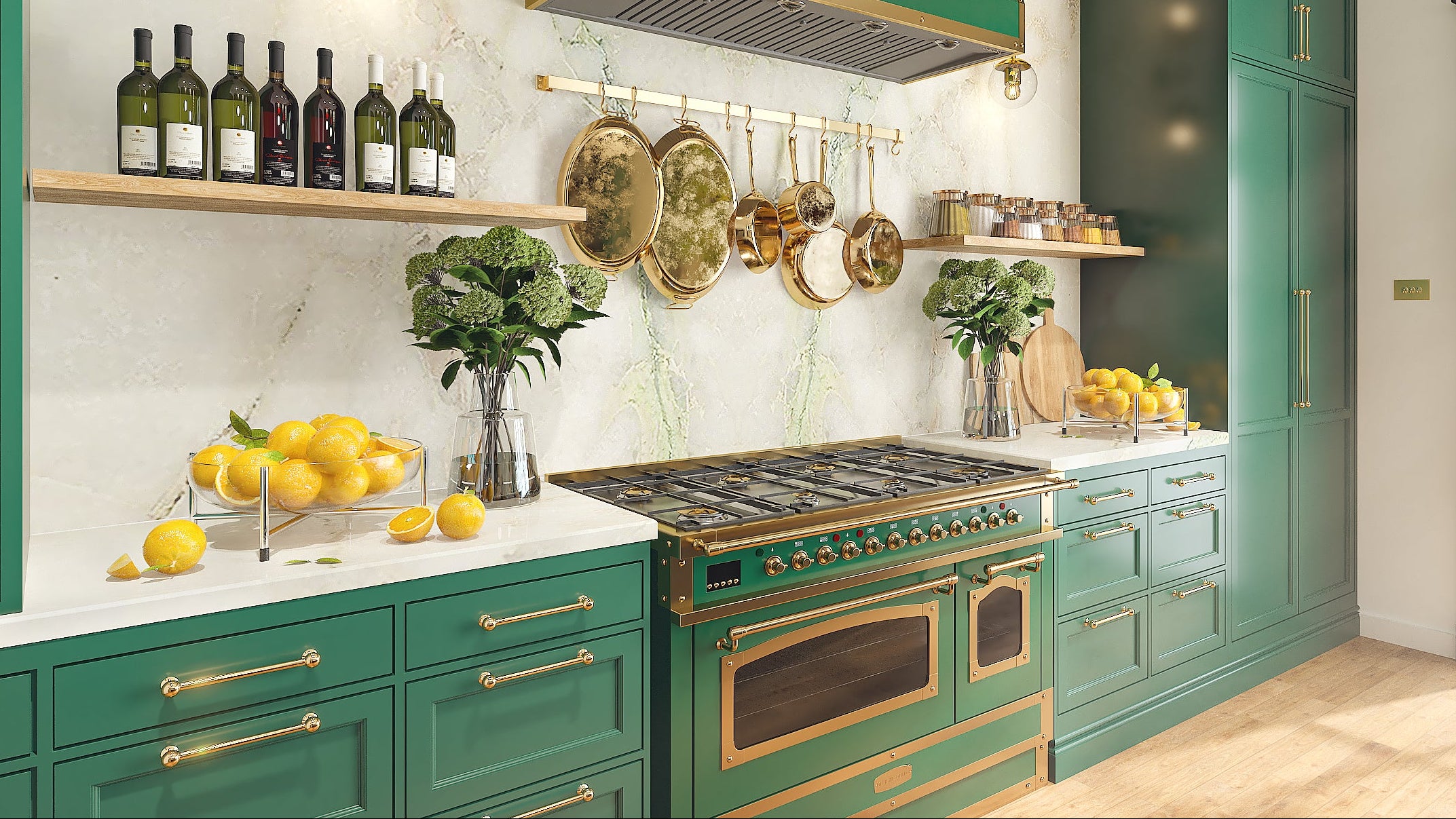 Modern kitchen with green cabinets, gold accents, and a view of a building outside.