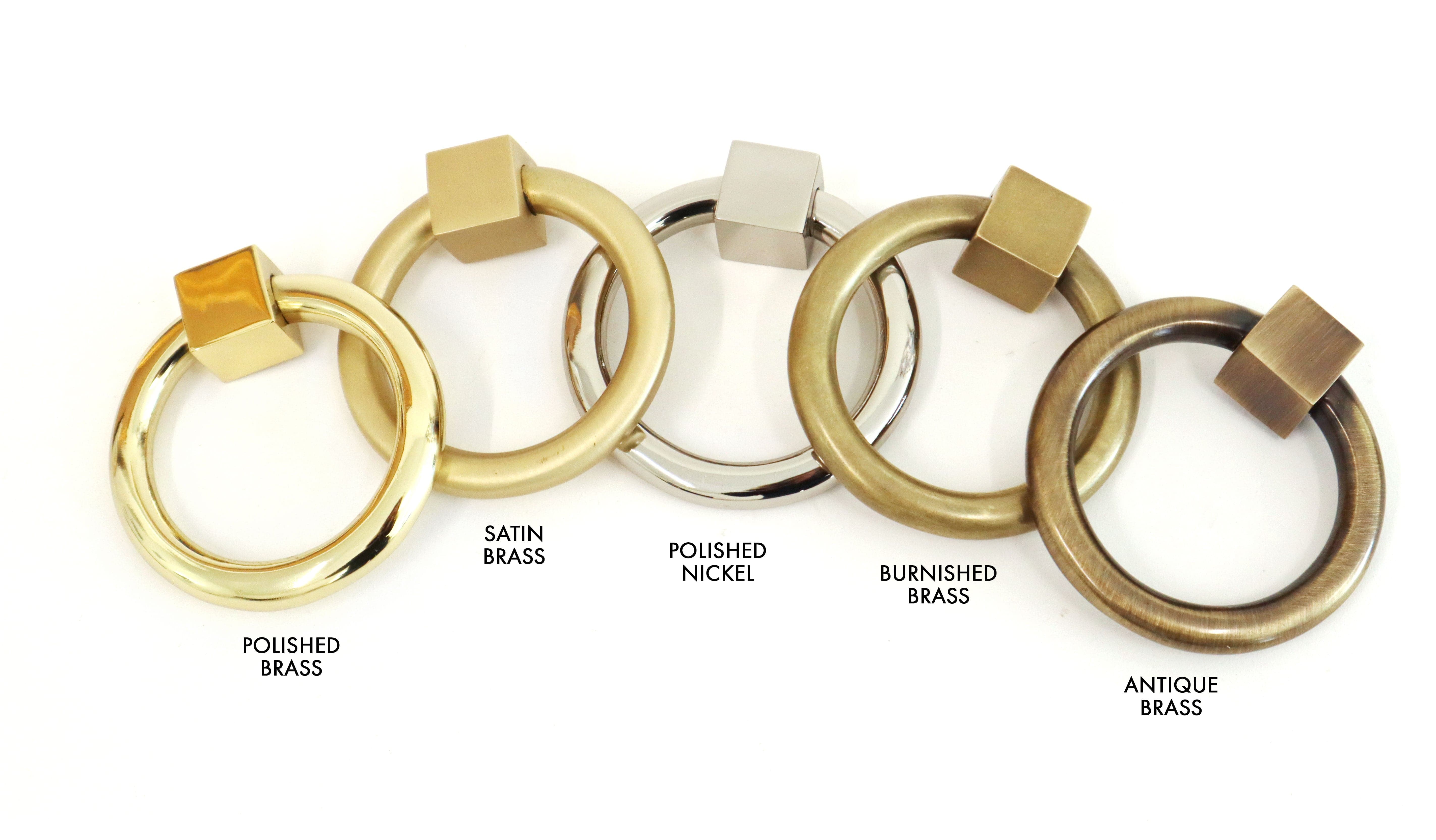 Shown above is the Porter Solid Brass Ring Pull. Available in polished brass , satin brass , polished nickel , burnished brass and antique brass