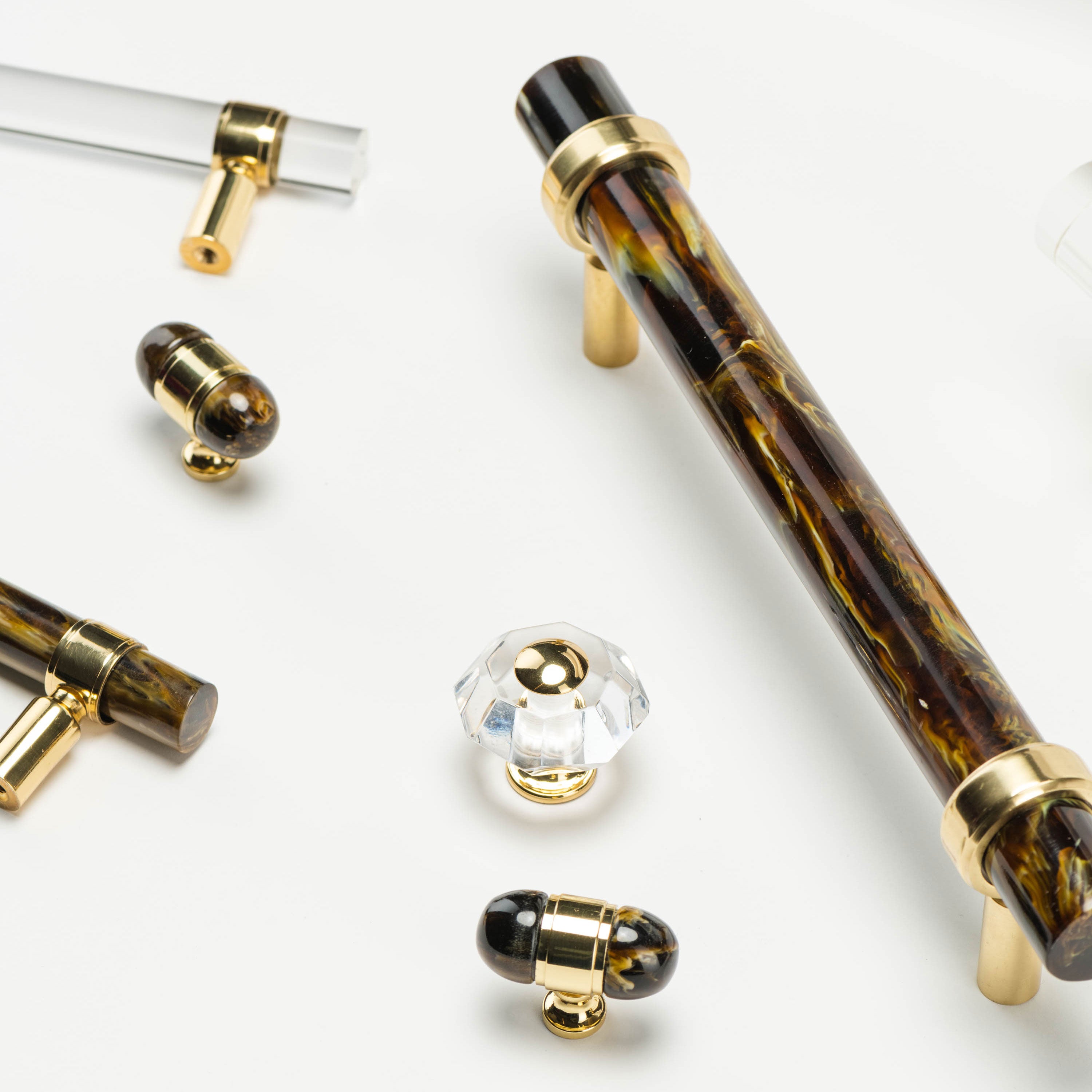 Edgewood Knobs and Pulls - Eddie Ross Hardware in Brass with Clear Lucite and Tortoise Acrylic