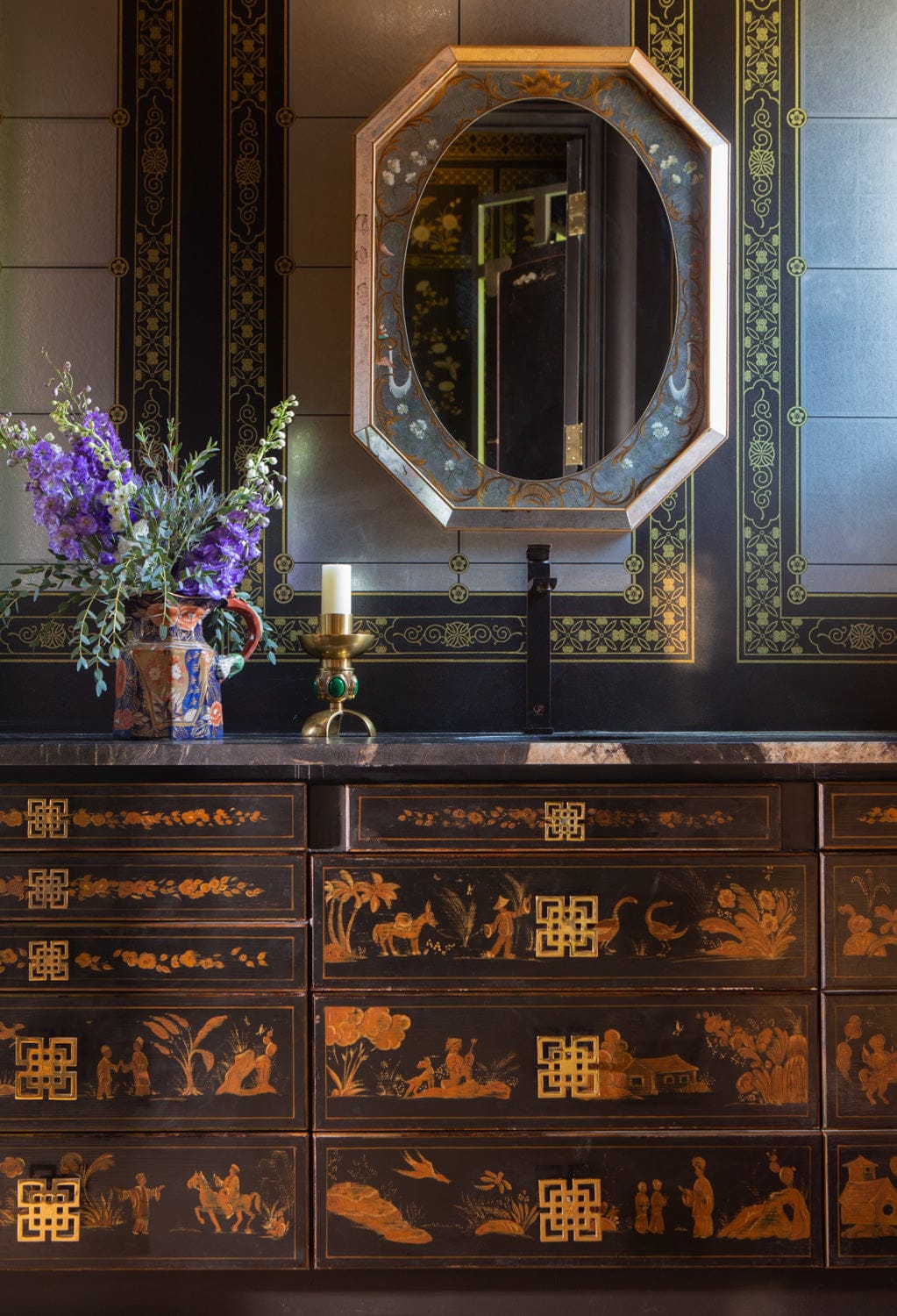 Vintage, Asian-Inspired Chest of Drawers with Fretwork Geometric Knobs in Polished Brass