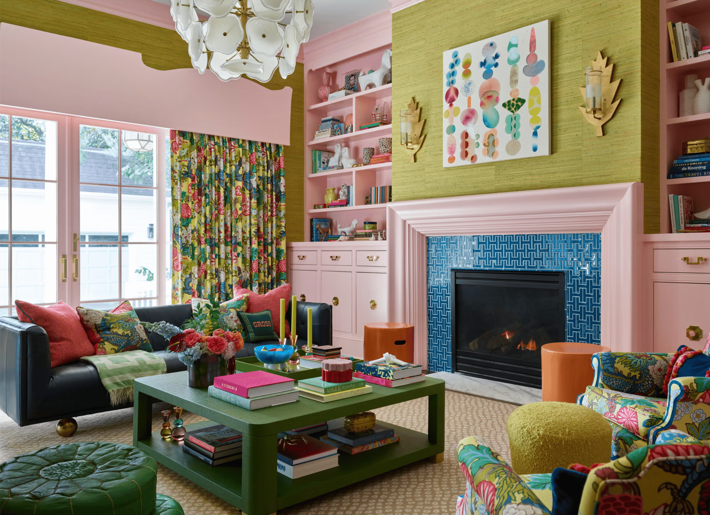 Hardware: Crowley Pull Set, Bossard Backplate, Lane Knob in Rose Quartz Wallcovering: Thibaut . Sofa: Jonathan Adler . Drapery: custom, in Schumacher fabric. Coffee table: Ballard Designs .
