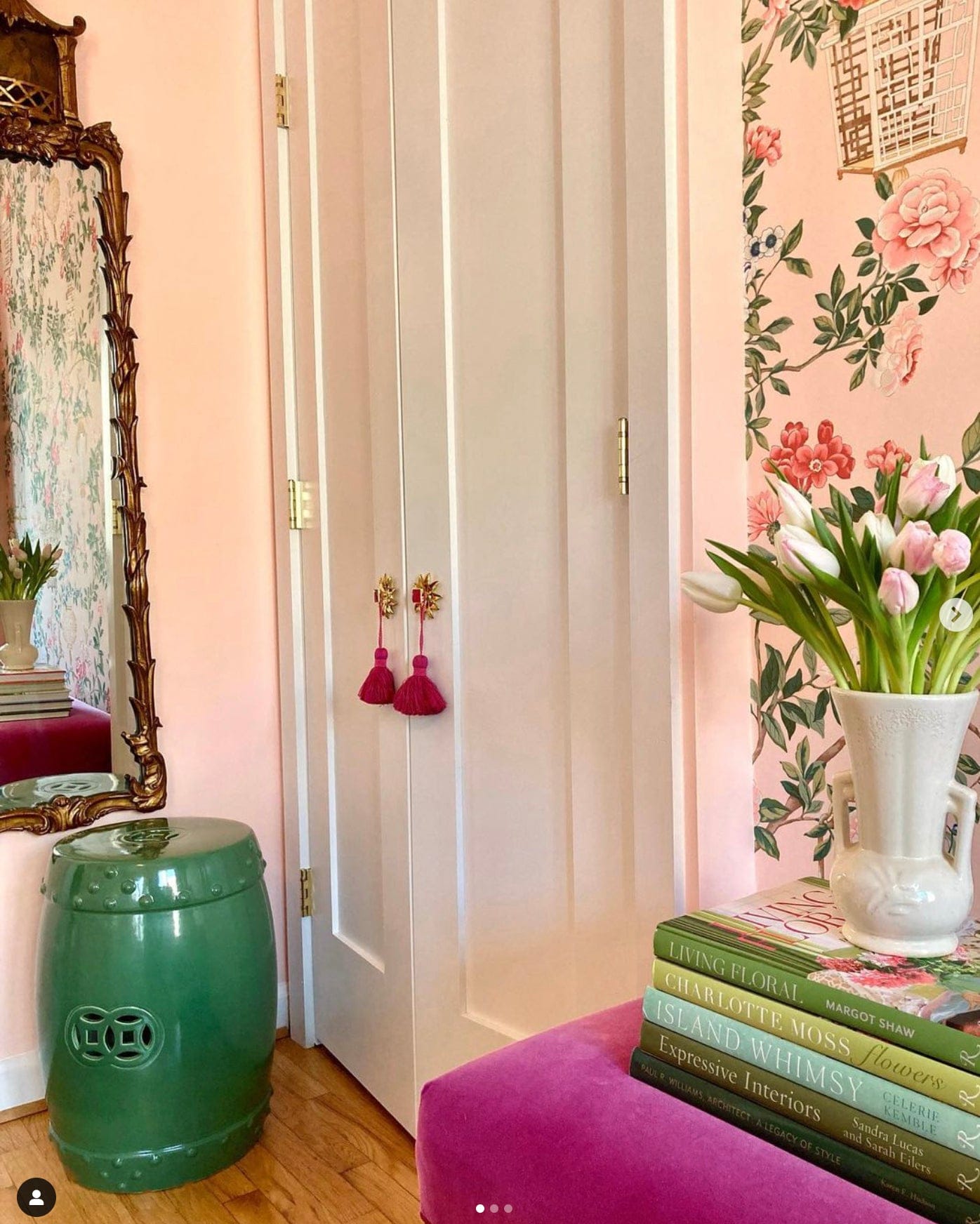 @jenleonardinteriors uses the Mayan Flower Backplate with the Horne Knob in Polished Brass with Pink Jade