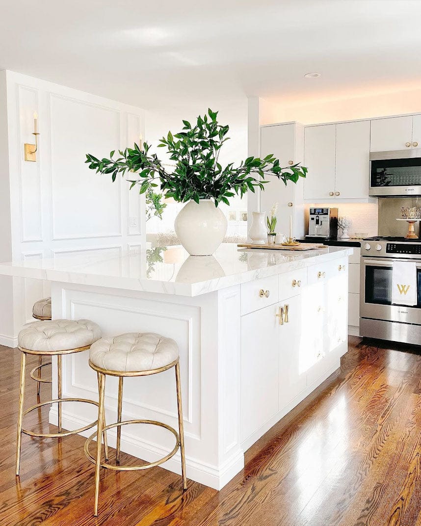 @kristywicks pairs Lane Knobs in Brass and Moonstone with Bamboo 1.60" Backplates and Tomlin Pulls in Brass with Moonstone