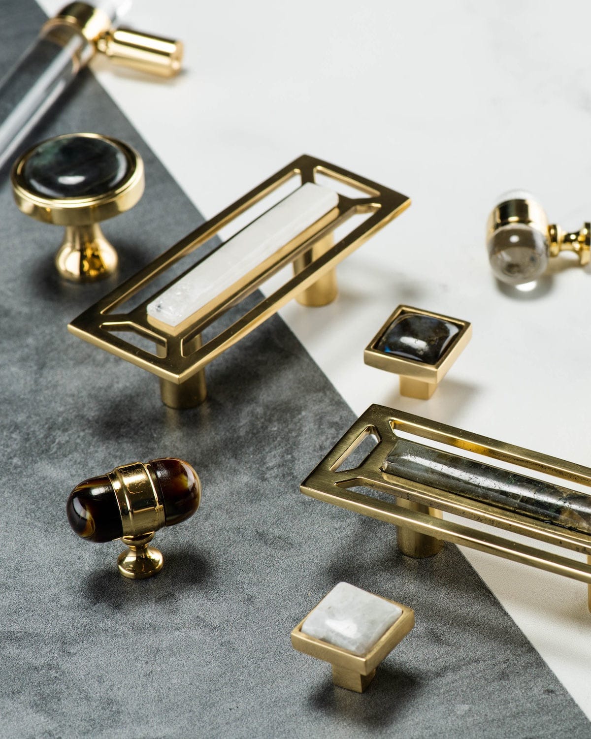 Lane Custom Knob , McCoy Custom Pulls , Edgewood Elliptical Knobs in clear and tortoise, and Horne Custom Knobs . Photo courtesy of Modern Matter