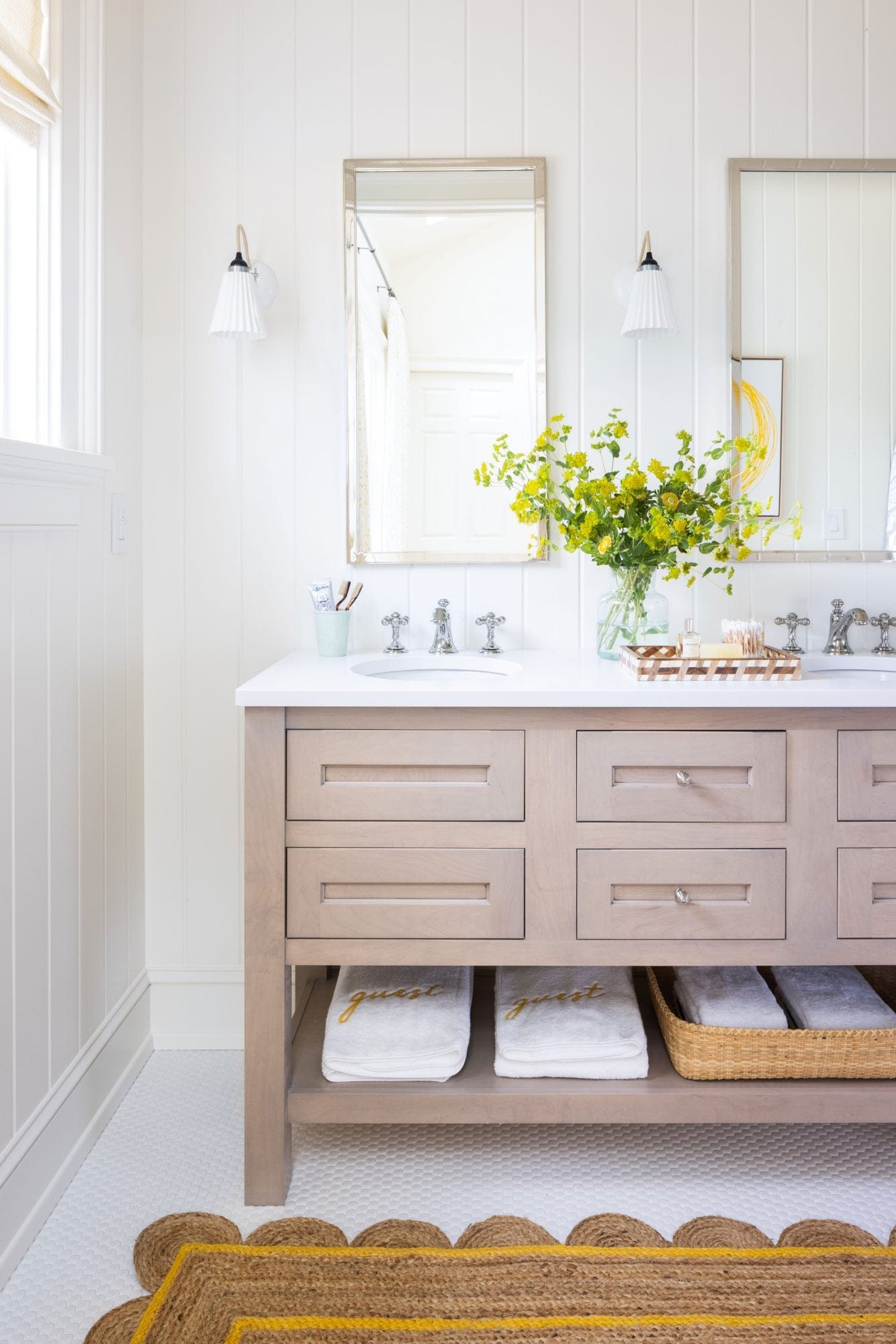 Light Wood Bathroom Drawers with Washington Beehive Knobs in Polished Nickel
