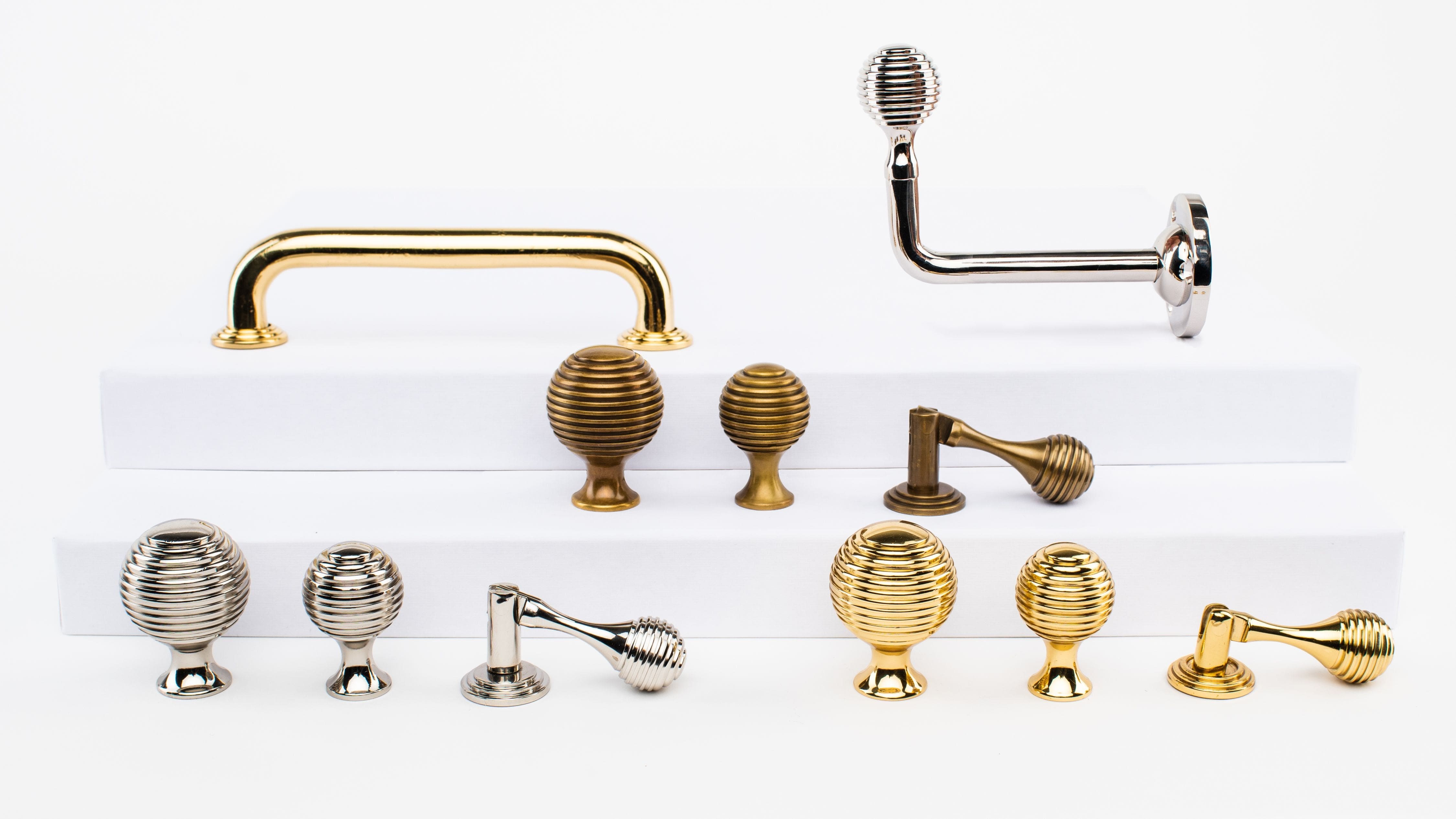 Sarah Bartholomew Washington Collection - Elegant Beehive Knobs and Pulls in Brass with 3 Finishes